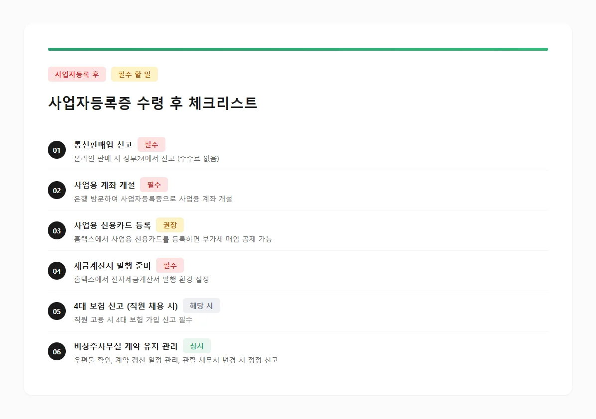 사업자등록증 수령 후 체크리스트 (이미지: 코워크시티)